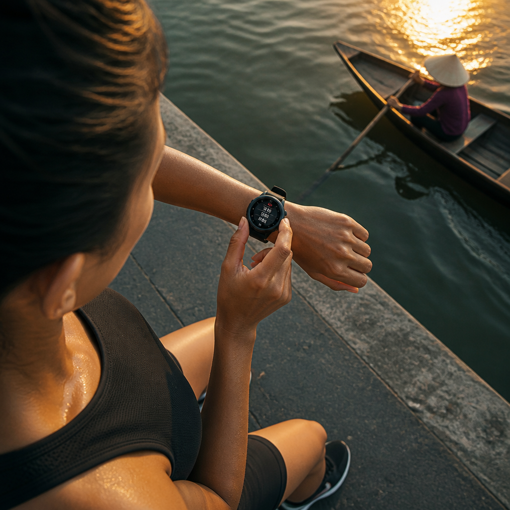 Người chạy bộ kiểm tra màn hình dữ liệu trên đồng hồ Garmin